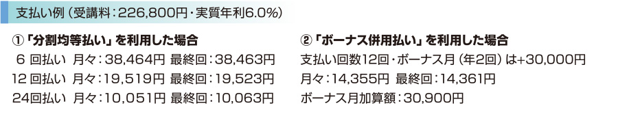 ［支払例（受講料：226,800円・実質年利6.0%）］①「分割均等払い」を利用した場合　6回払い 月々：38,484円 最終回：38,463円　12回 月々：19,519円 最終回：19,523円　24回払い 月々10,051円 最終回：10,063円　　②「ボーナス併用払い」を利用した場合　支払回数12回・ボーナス月(年２回)は+30,000円　月々：14,355円 最終回：14,361円　ボーナス月加算額：30,900円