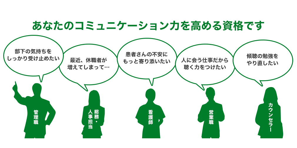 あなたのコミュニケーション力を高める資格です「管理職：部下の気持ちをしっかり受け止めたい」「総務・人事担当：最近、休職者が増えてしまって…」「看護師：患者さんの不安にもっと寄り添いたい」「営業職：人に会う仕事だから聴く力をつけたい」「カウンセラー：傾聴の勉強をやり直したい」