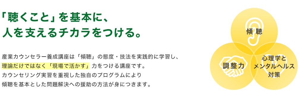 「聴くこと」を基本に、人を支えるチカラをつける。産業カウンセラー養成講座は「傾聴」の態度・技法を実践的に学習し、理論だけではなく「現場で活かす」力をつける講座です。カウンセリング実習を重視した独自プログラムにより傾聴を基本とした問題解決への援助の方法が身につきます。