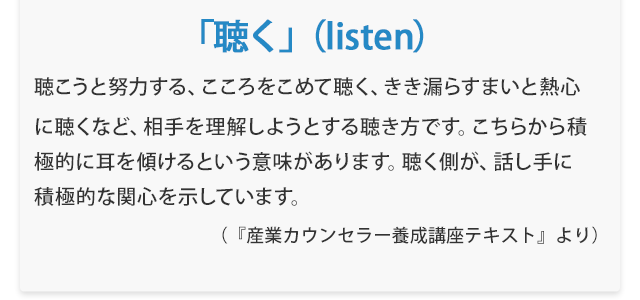 『「聴く」（listen）聴こうと努力する、こころをこめて聴く、きき漏らすまいと熱心に聴くなど、相手を理解しようとする聴き方です。こちらから積極的に耳を傾けるという意味があります。聴く側が、話し手に積極的な関心を示しています。』　（『産業カウンセラー養成講座テキスト』より）