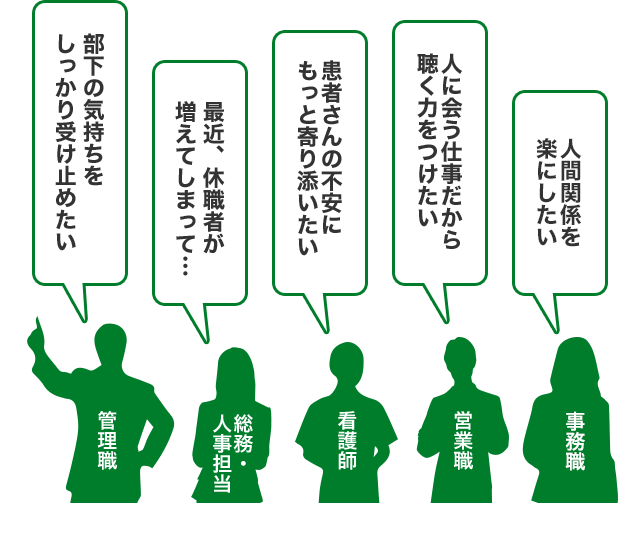 「管理職：部下の気持ちをしっかり受け止めたい」「総務・人事担当：最近、休職者が増えてしまって…」「看護師：患者さんの不安にもっと寄り添いたい」「営業職：人に会う仕事だから聴く力をつけたい」「事務職：人間関係を楽にしたい」
