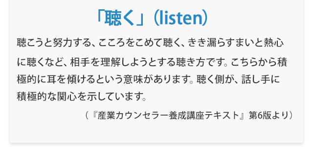 『「聴く」（listen）聴こうと努力する、こころをこめて聴く、きき漏らすまいと熱心に聴くなど、相手を理解しようとする聴き方です。こちらから積極的に耳を傾けるという意味があります。聴く側が、話し手に積極的な関心を示しています。』　（『産業カウンセラー養成講座テキスト』第6版より）